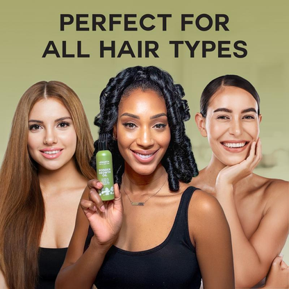 Three women with different hair types holding a bottle, with text 'Perfect for all hair types' on a green background.